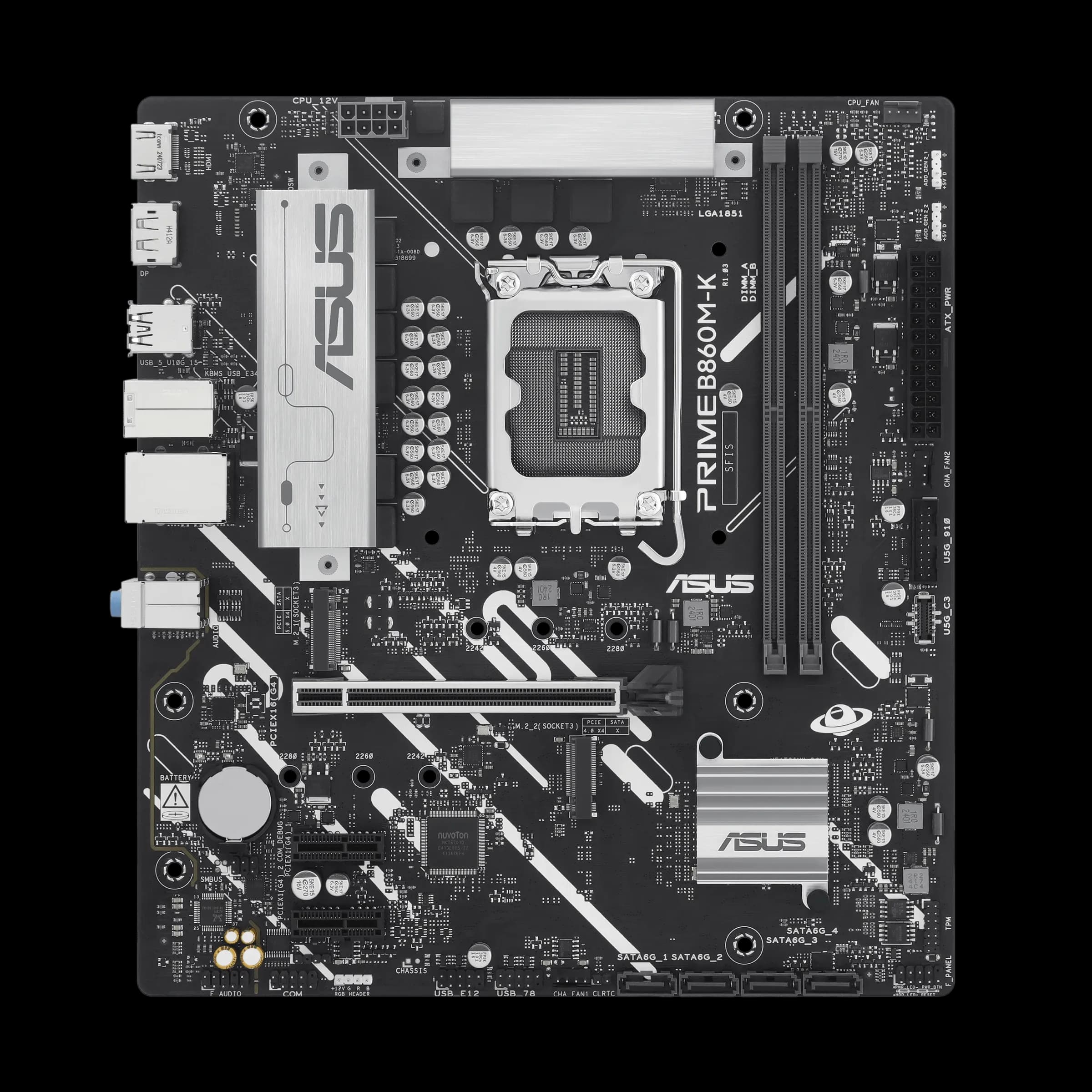 Матплата ASUS PRIME B860M-K, LGA1851, Intel B860, 2xDDR5 PC70400, 1xPCI-E 4.0x16, 2xPCI-E 4.0x1, Sound8Ch, GLAN, 4SATA+2M.2, RAID, mATX, 6USB3.2+7USB2.0, HDMI, DP - T