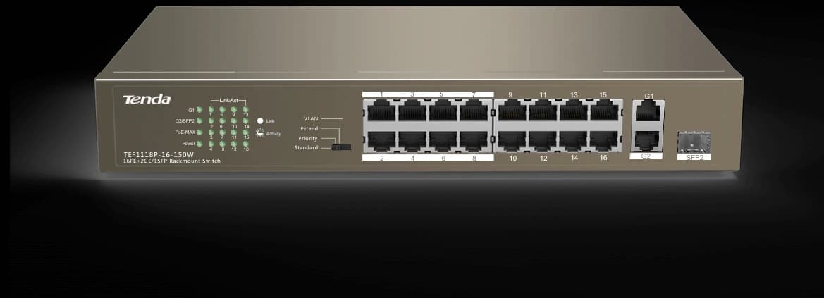 HUB Switch Tenda TEF1118P-16-150W 16-port PoE 10/100Mbps + 1 10/100Mbps