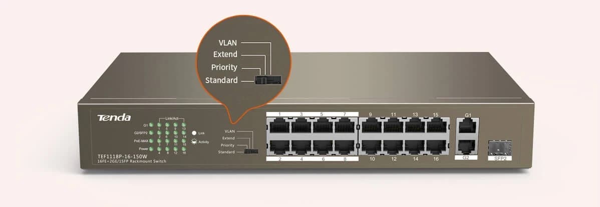 HUB Switch Tenda TEF1118P-16-150W 16-port PoE 10/100Mbps + 1 10/100Mbps