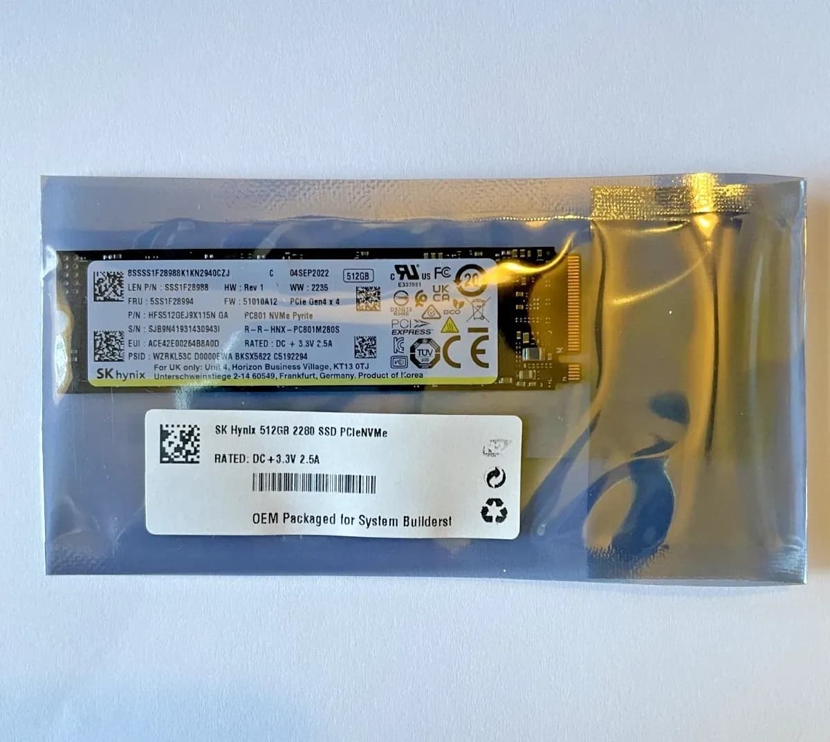 SK hynix 512GB PCIe NVMe Gen4x4, M.2 2280, Read/Write up to 6600/5600MB/s, [HFS512GEM9X169N EL] OEM