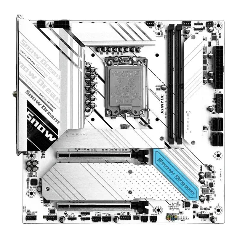 Материнская плата JGINYUE Z790M SNOW DREAM D5 (LGA1700, Z790M, 2DDR5, 2xPCI-Ex16, PCI-Ex1, 4xM.2,4SATA,10USB,HDMI,DP,WiFi,ATX)