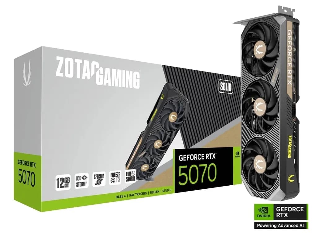 Видеокарта ZOTAC GAMING GeForce RTX 5070 SOLID 12GB GDDR7, Engine clock 2512MHz, Memory clock 28000MHz, 192Bit, 3xDP, HDMI