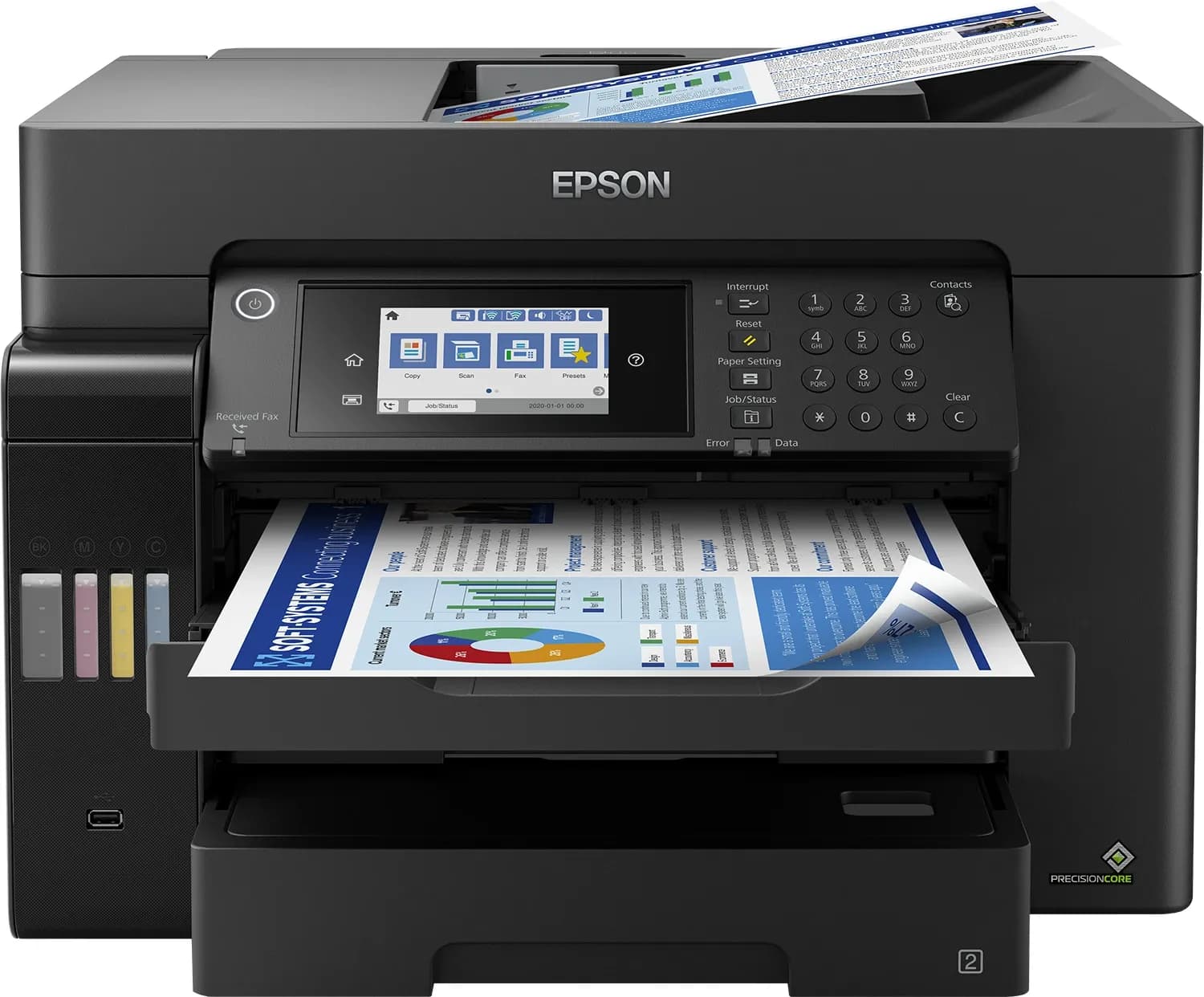 МФУ струйное Epson L15160 (Printer-copier-scaner, Fax A3+, 25/12ppm (Black/Color), 64-255g/m2, 4800x1200dpi, 1200x2400 scaner, Type-A,USB, Wi-Fi)