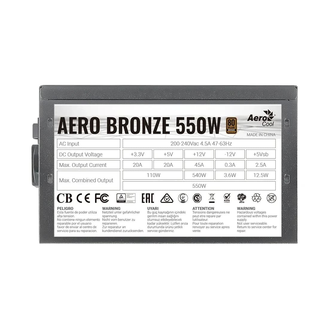 Блок питания 550W Aerocool AERO BRONZE 550W, 550W, ATX, Bronze, APFC, 20+4pin, 4+4pin, 5*Sata, 4*Molex, 2*PCI-E 6+2pin, Вентилятор 12см, Кабель питания, Черный