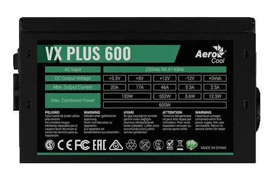 Блок питания 600W Aerocool VX PLUS Stealth 600, 600W, ATX, passive-PFC, 20+4 pin, 3*Sata, 3*Molex, 1*PCI-E 6 pin, поддержка Haswell, вентилятор 12 см, кабель питания, черный
