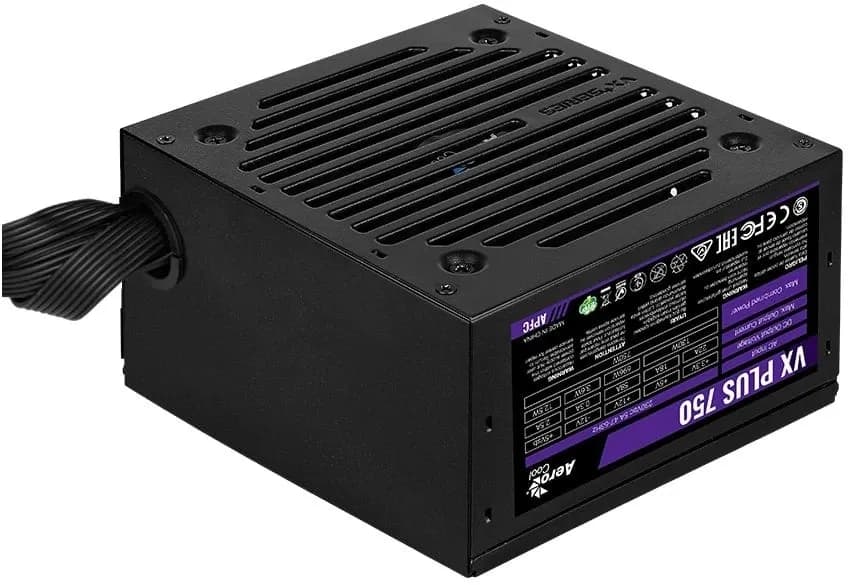 Блок питания 750W Aerocool VX PLUS Stealth 750, 750W, ATX, passive-PFC, 20+4 pin, 3*Sata, 3*Molex, 1*PCI-E 6 pin, поддержка Haswell, вентилятор 12 см, кабель питания, черный