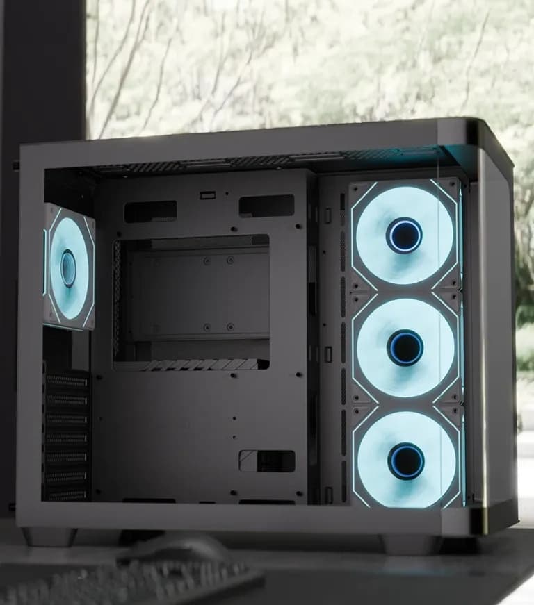 Корпус Aerocool P500C-G-BK-v1, ATX/micro ATX/mini-ITX,2xUSB3.0,HD-Audio+Mic,Кулер 12см,Высота CPU кулер до162мм,VGA до 450мм,2x3.5”/3x2.5,285x380x420 мм,Без Б/П,Черный,Included infinity mirror ARGB 4x120mm
