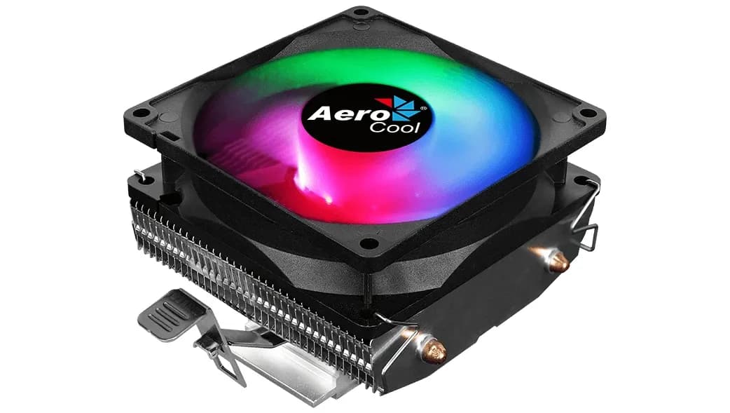Кулер для процессора Aerocool Air Frost 2 FRGB 3P Intel 1700/115X/775/1200/AM4/AM3+/AM3/AM2+/AM2/FM2/FM1, 110W, 90мм, 1800 об/мин, 25.7дБA, 3pin, 2 теплотрубки, Габариты 90 x 90 x 25 мм, Черный