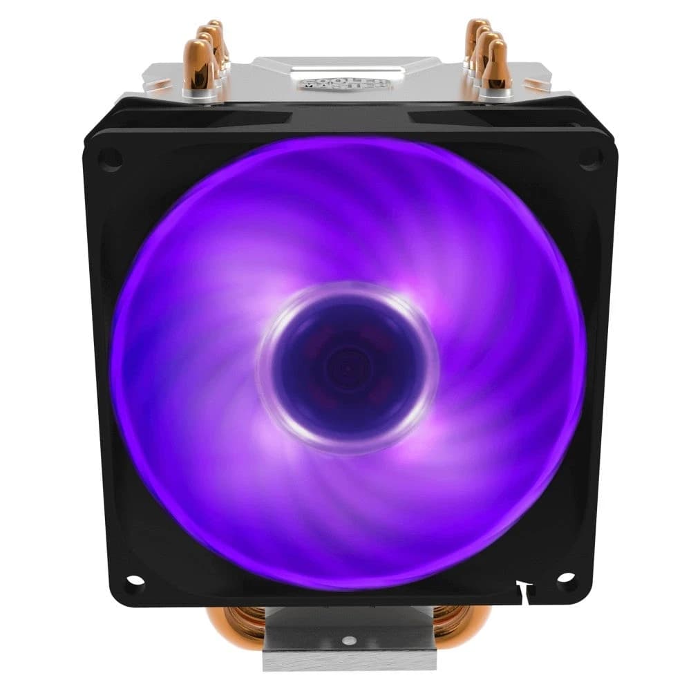 Кулер для процессора CoolerMaster Hyper H410R RGB, Intel LGA 1366/2011/2066/1200/115X/775/AM5/AM4/AM3+/AM3/AM2+, 100W, 600-2000 об/мин, 29 дБA max, 34.73CFM, 4pin, 4 теплотрубки, Габариты 136 х 102 х 83 мм, Черный, RR-H410-20PC-R1