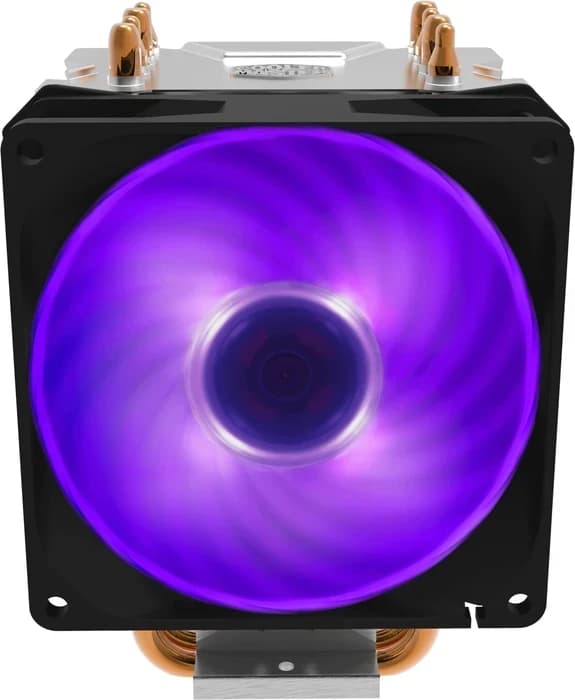 Кулер для процессора CoolerMaster Hyper H410R RGB, Intel LGA 1366/2011/2066/1200/115X/775/AM5/AM4/AM3+/AM3/AM2+, 100W, 600-2000 об/мин, 29 дБA max, 34.73CFM, 4pin, 4 теплотрубки, Габариты 136 х 102 х 83 мм, Черный, RR-H410-20PC-R1