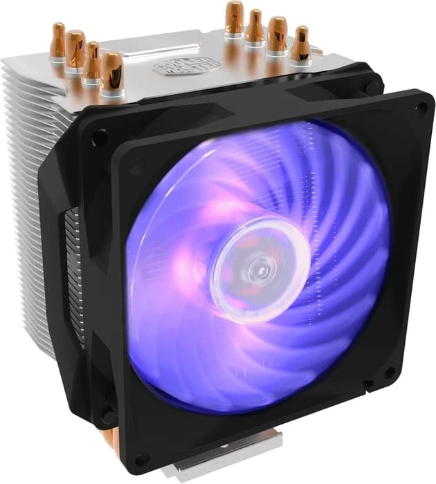 Кулер для процессора CoolerMaster Hyper H410R RGB, Intel LGA 1366/2011/2066/1200/115X/775/AM5/AM4/AM3+/AM3/AM2+, 100W, 600-2000 об/мин, 29 дБA max, 34.73CFM, 4pin, 4 теплотрубки, Габариты 136 х 102 х 83 мм, Черный, RR-H410-20PC-R1