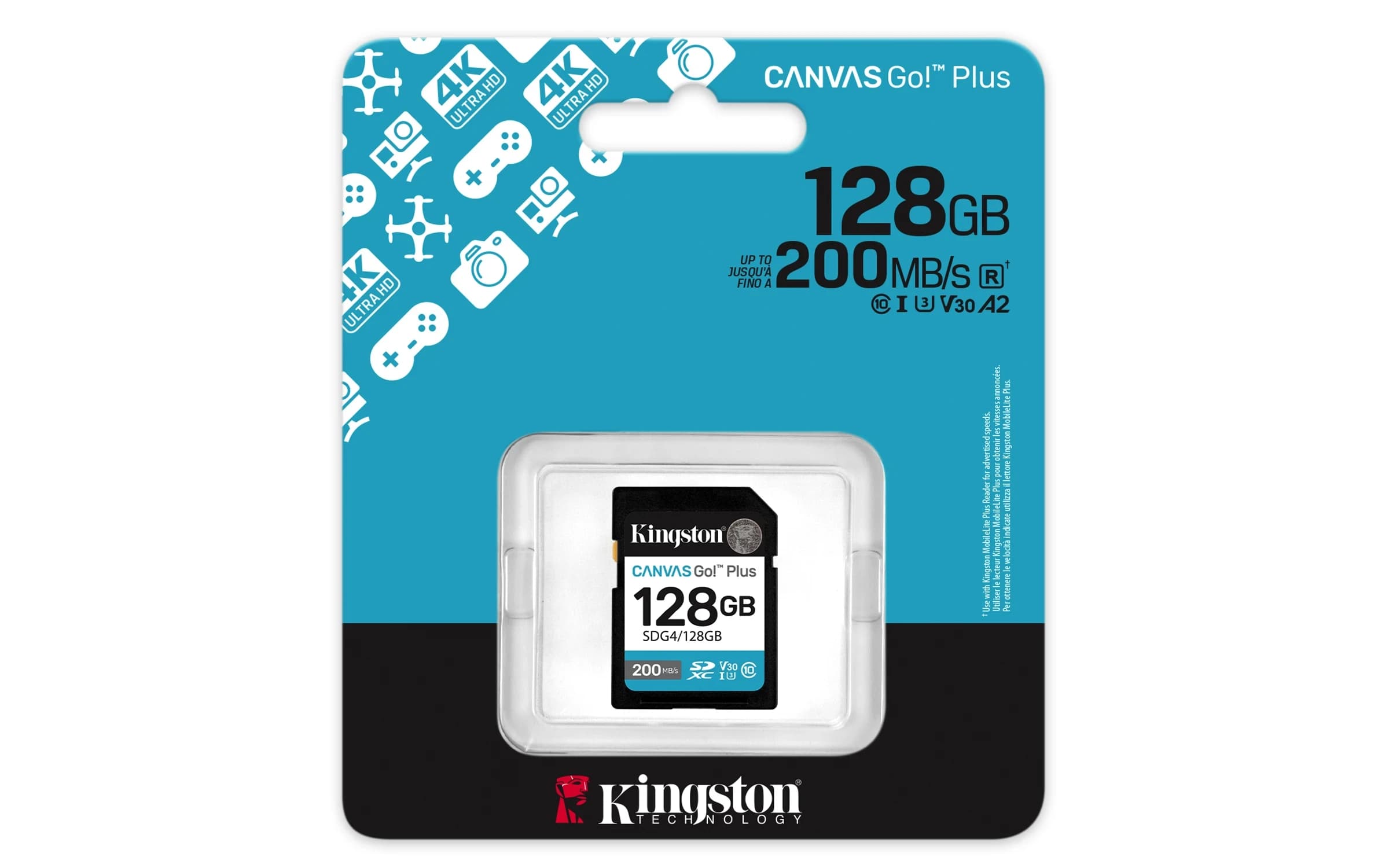 Карта памяти Secure Digital Card Kingston 128GB Canvas Go! Plus Class 10, UHS-I, U3, V30 [SDG4/128GB]
