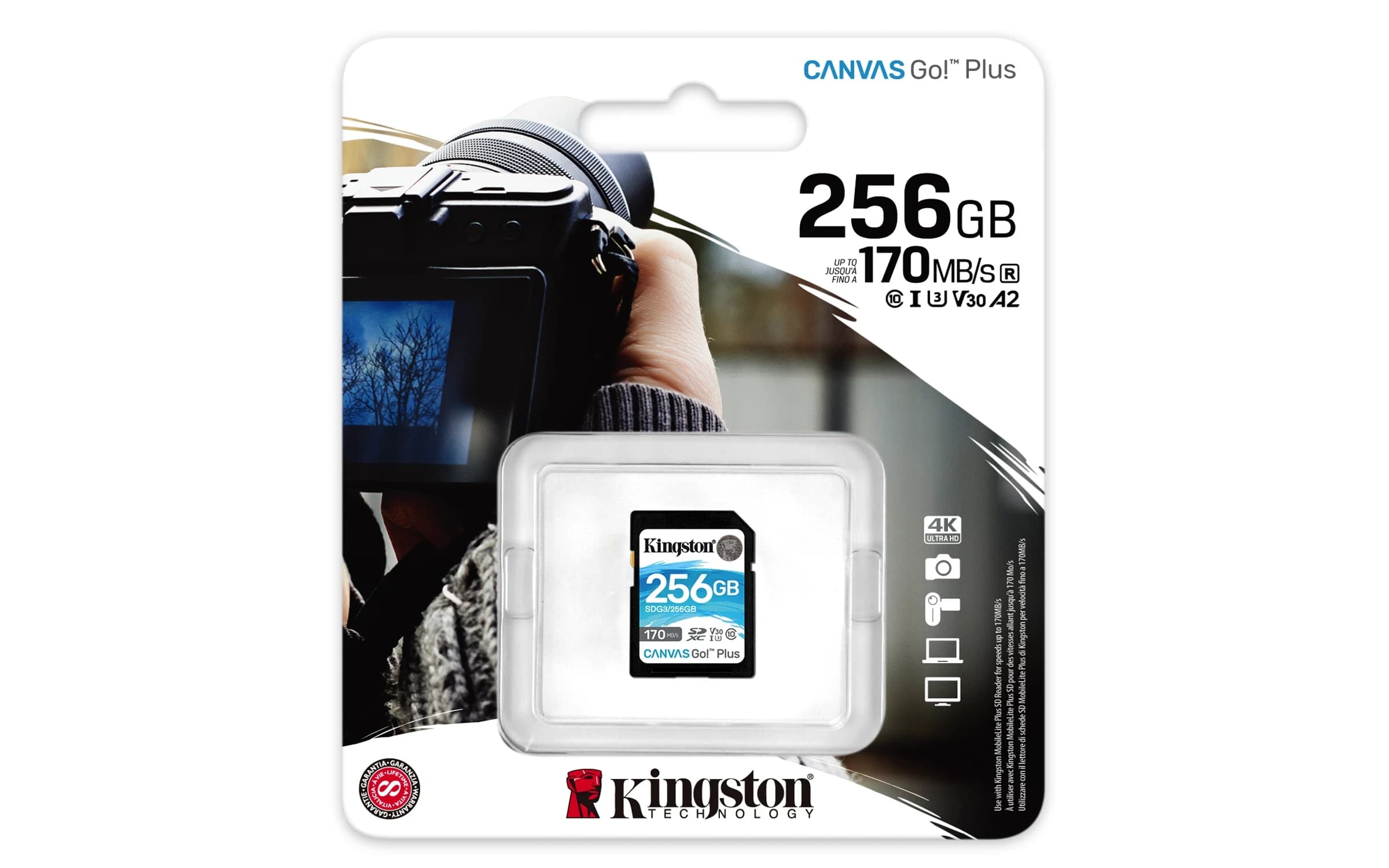 Карта памяти Secure Digital Card Kingston 256GB Canvas Go! Plus Class 10, UHS-I, U3, V30 [SDG3/256GB]