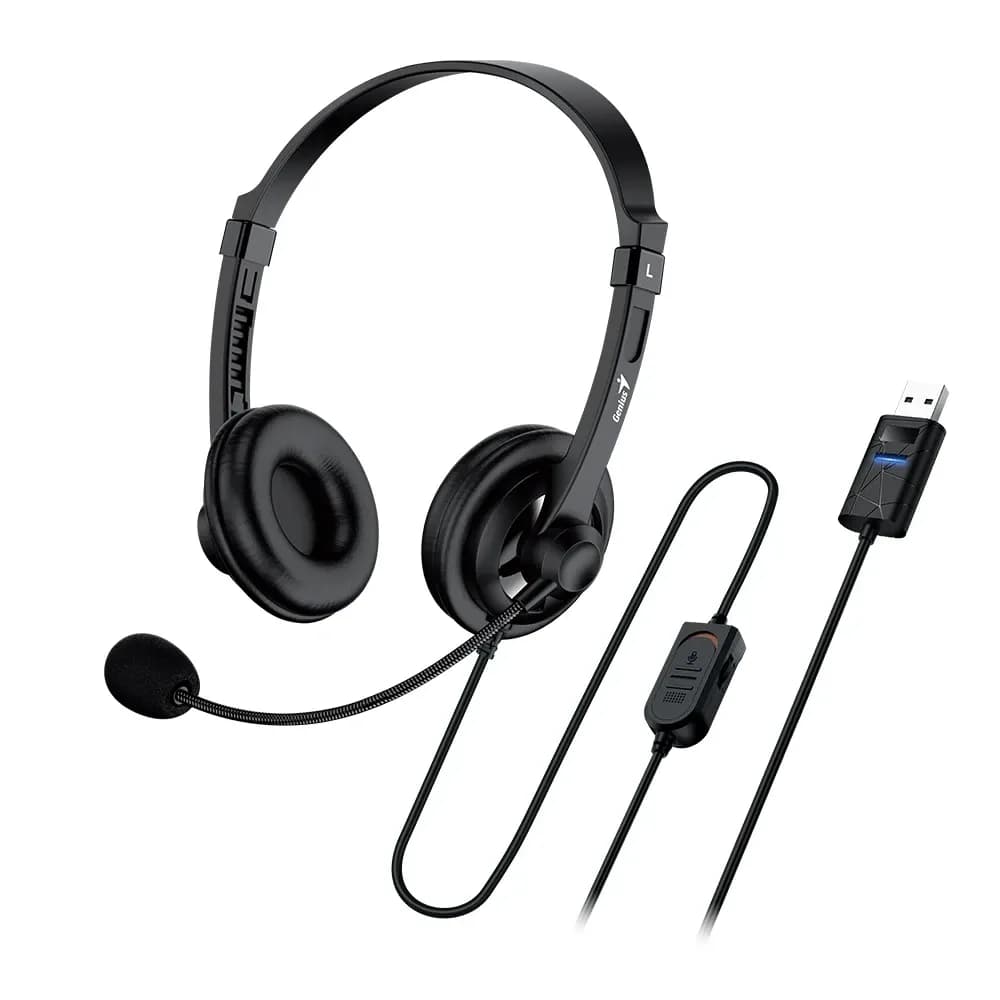 Наушники с микрофоном Genius HS-230U, Дуговые, USB, 100Hz-10kHz, 110dB/-45dB, длина кабеля 2 м, Черный