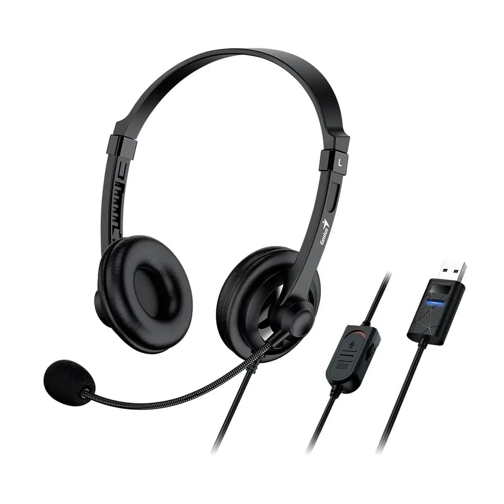 Наушники с микрофоном Genius HS-230U, Дуговые, USB, 100Hz-10kHz, 110dB/-45dB, длина кабеля 2 м, Черный