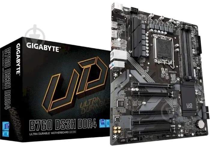 Матплата Gigabyte B760 DS3H DDR4 LGA1700,iB760,4xDDR4 2666/2933/3000/3200/5333(OC),4xSATA3,2xM.2(PCI-E 4.0x4/x2),Raid,1хDP,1xHDMI,5xPCI-Ex16,ATX