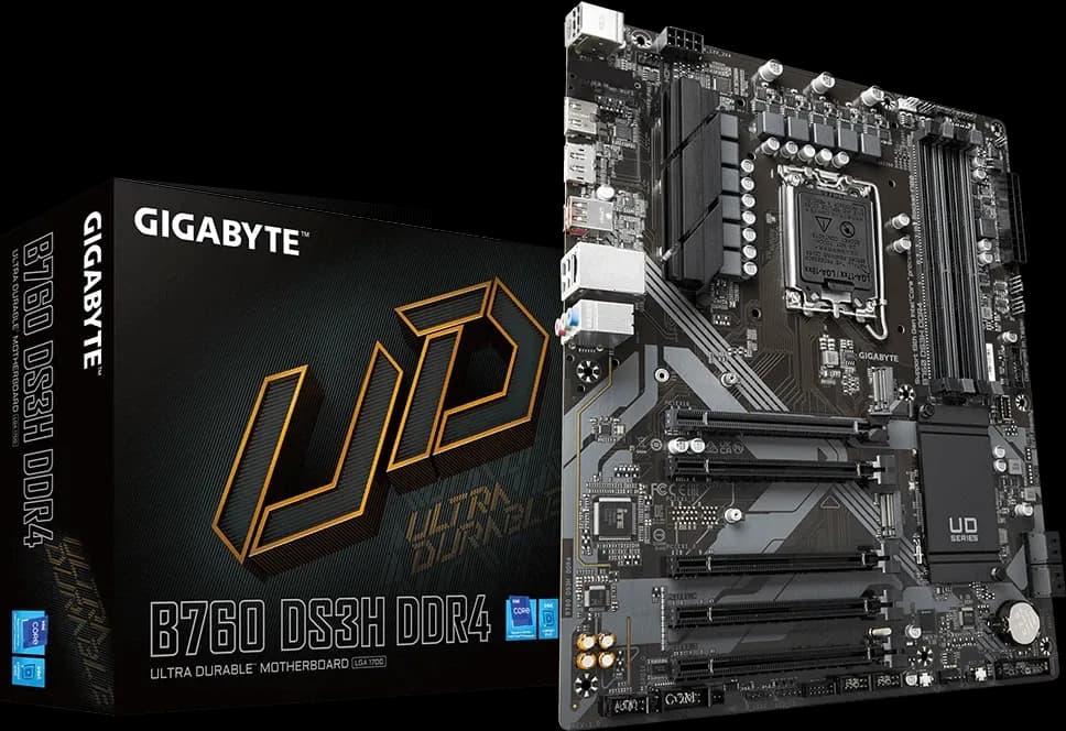 Матплата Gigabyte B760 DS3H DDR4 LGA1700,iB760,4xDDR4 2666/2933/3000/3200/5333(OC),4xSATA3,2xM.2(PCI-E 4.0x4/x2),Raid,1хDP,1xHDMI,5xPCI-Ex16,ATX
