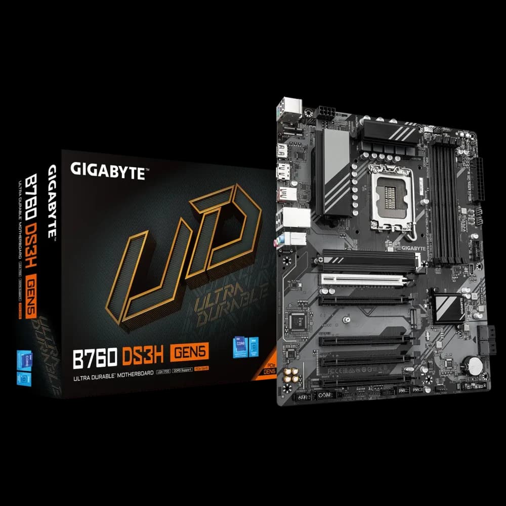 Матплата Gigabyte B760 DS3H GEN5, LGA1700, Intel B760, 4xDDR5 PC60800, 5xPCI-E 3.0x16, Sound8Ch, GLAN, 4SATA+2M.2, RAID, ATX, 5USB3.2 (2xUSB-C)+8USB2.0, HDMI, DP