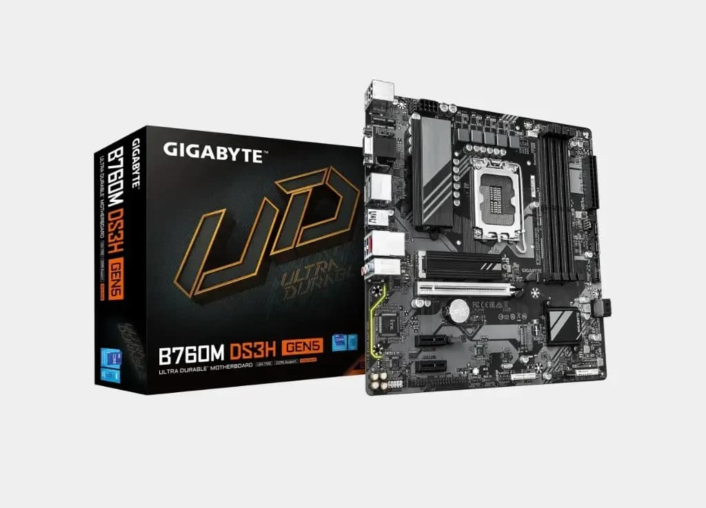 Матплата Gigabyte B760M DS3H GEN5, LGA1700, Intel B760, 4xDDR5 PC60800, 3xPCI-E 3.0-5.0x16, Sound8Ch, GLAN, 4SATA+2M.2, RAID, mATX, 6USB3.2+6USB2.0, VGA, HDMI, 2xDP