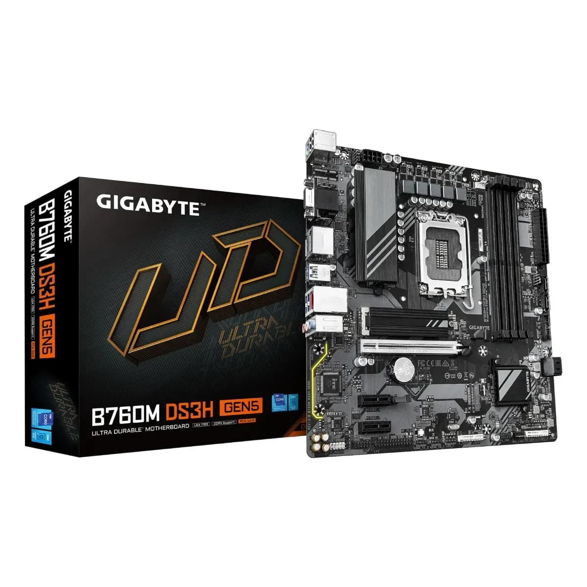 Матплата Gigabyte B760M DS3H GEN5, LGA1700, Intel B760, 4xDDR5 PC60800, 3xPCI-E 3.0-5.0x16, Sound8Ch, GLAN, 4SATA+2M.2, RAID, mATX, 6USB3.2+6USB2.0, VGA, HDMI, 2xDP - T