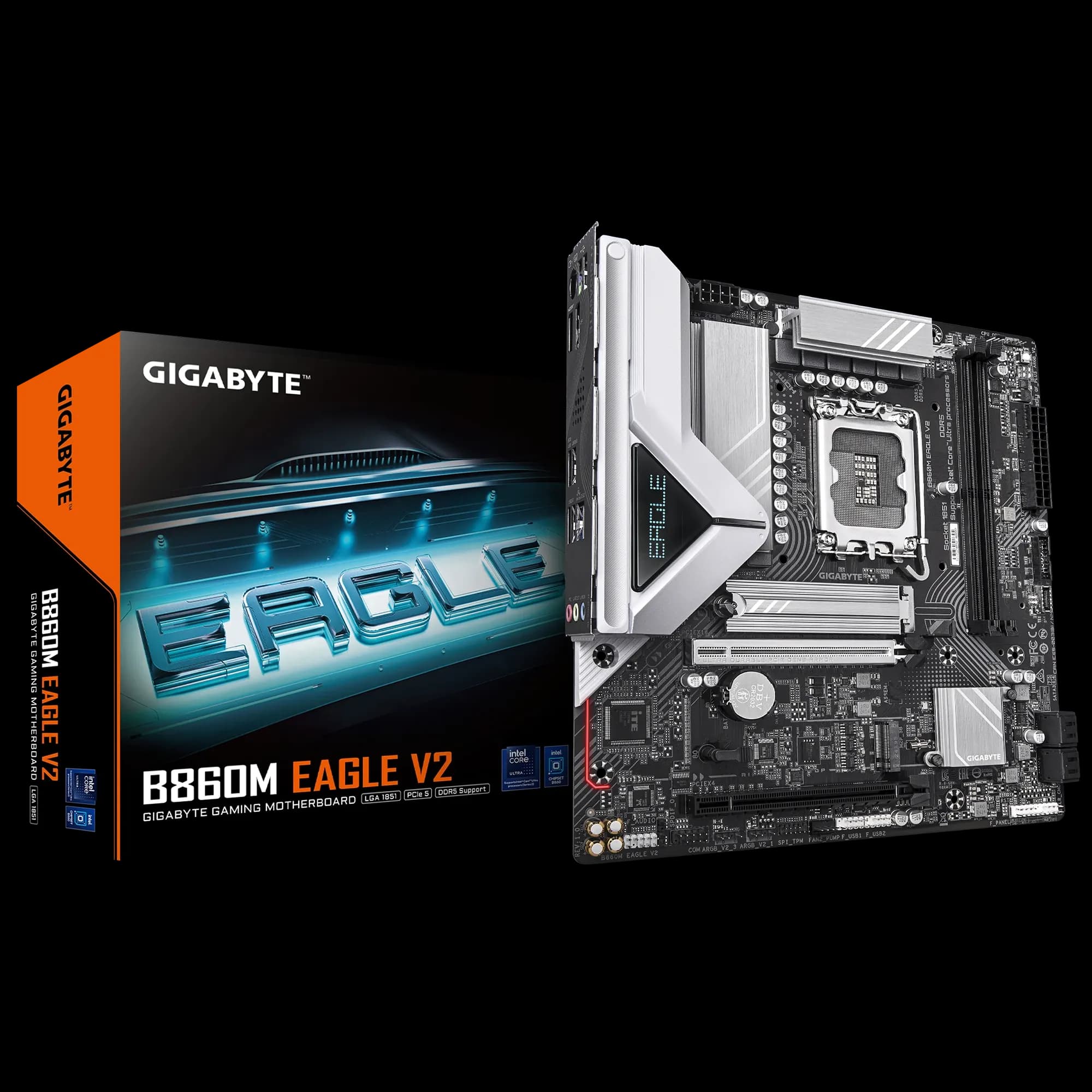 Матплата Gigabyte B860M EAGLE V2, LGA1851, Intel B860, 2xDDR5 PC72500, 2xPCI-E 4.0-5.0x16, Sound8Ch, GLAN, 4SATA+2M.2, RAID, mATX, 6USB3.2+7USB2.0, HDMI, DP