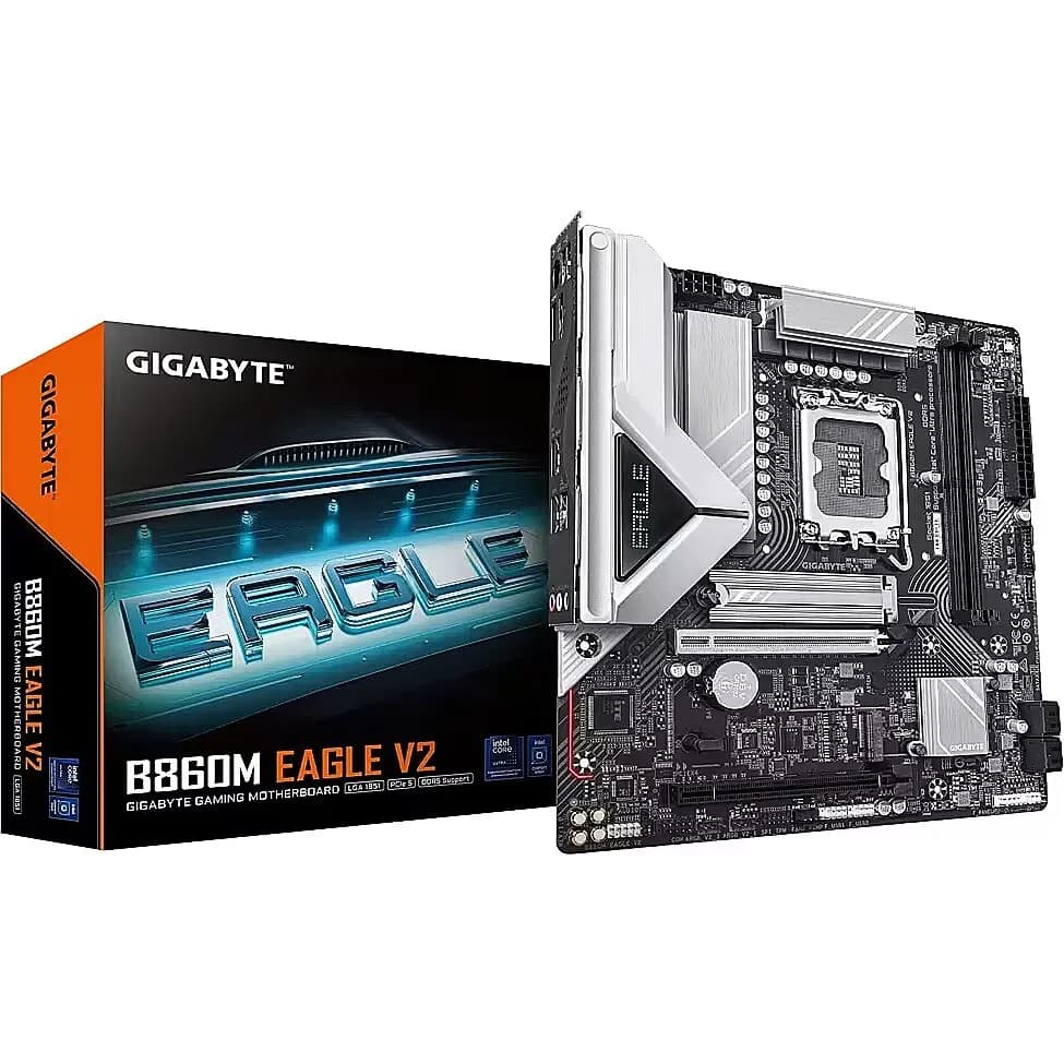 Матплата Gigabyte B860M EAGLE V2, LGA1851, Intel B860, 2xDDR5 PC72500, 2xPCI-E 4.0-5.0x16, Sound8Ch, GLAN, 4SATA+2M.2, RAID, mATX, 6USB3.2+7USB2.0, HDMI, DP