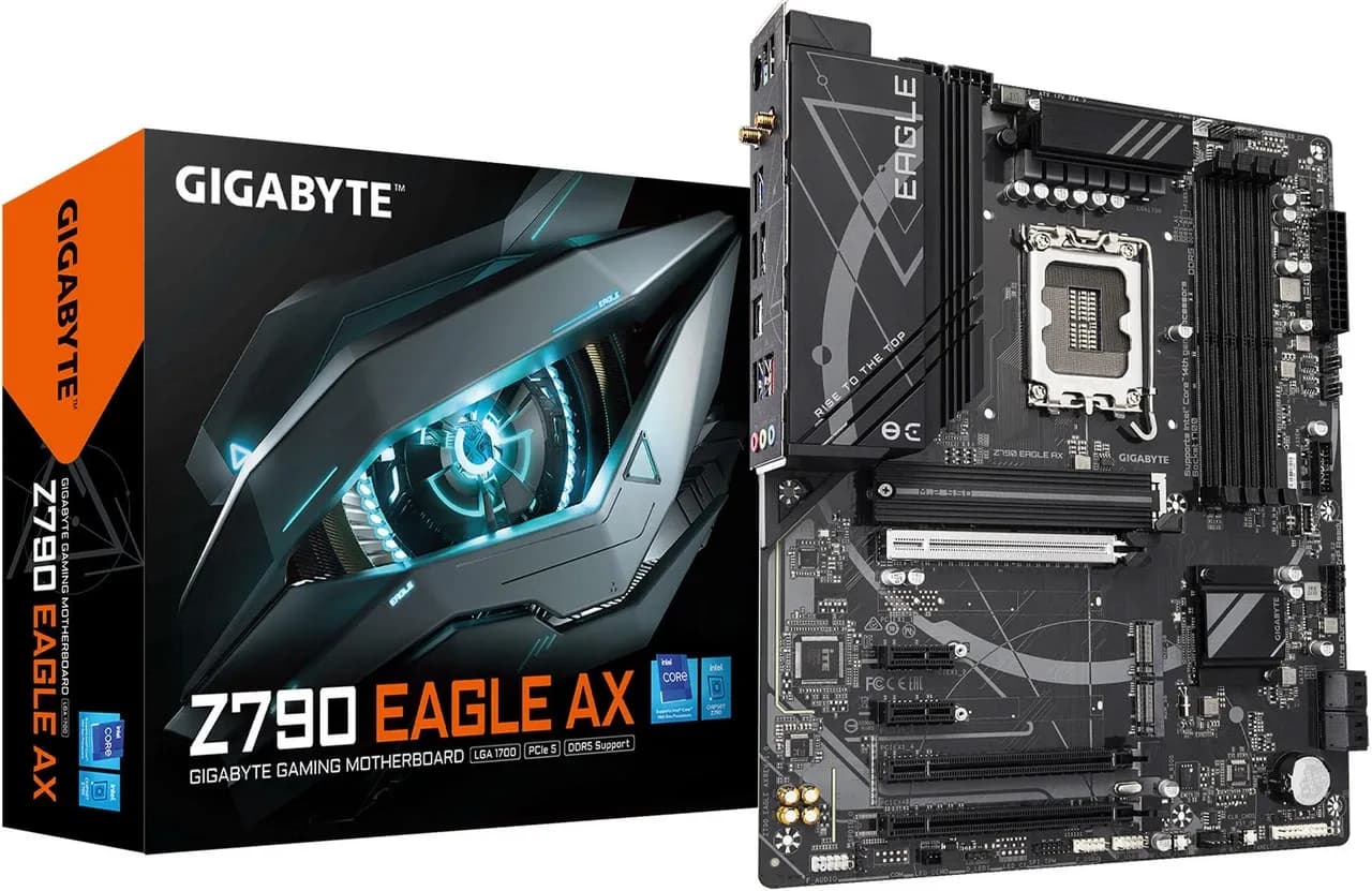 Матплата Gigabyte Z790 EAGLE AX, LGA1700, Intel Z790, 4xDDR5 PC60800, 3xPCI-E 3.0x16, 2xPCI-E 3.0x1, Sound8Ch, GLAN, 4SATA+3M.2, RAID, ATX, 9USB3.2+8USB2.0, HDMI, DP, WiFi, Bluetooth - T