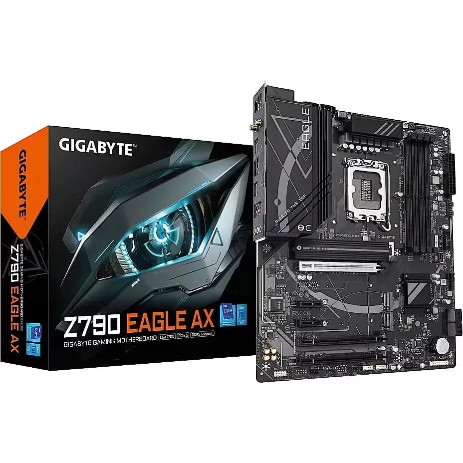 Матплата Gigabyte Z790 EAGLE AX, LGA1700, Intel Z790, 4xDDR5 PC60800, 3xPCI-E 3.0x16, 2xPCI-E 3.0x1, Sound8Ch, GLAN, 4SATA+3M.2, RAID, ATX, 9USB3.2+8USB2.0, HDMI, DP, WiFi, Bluetooth - T