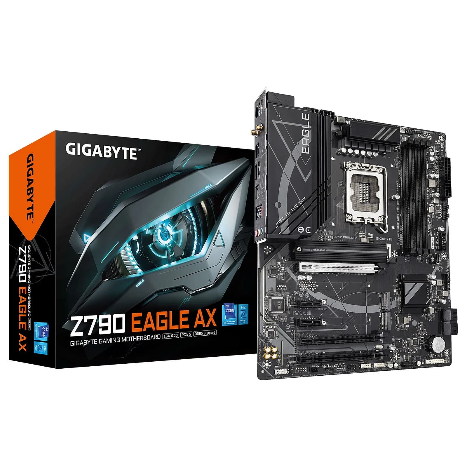 Матплата Gigabyte Z790 EAGLE AX, LGA1700, Intel Z790, 4xDDR5 PC60800, 3xPCI-E 3.0x16, 2xPCI-E 3.0x1, Sound8Ch, GLAN, 4SATA+3M.2, RAID, ATX, 9USB3.2+8USB2.0, HDMI, DP, WiFi, Bluetooth - T