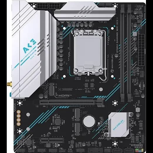Матплата MAXSUN B760M GAMING WIFI ACE II, LGA1700, Intel B760, 2xDDR5 PC51200, 1xPCI-E 4.0x16, 15xPCI-E 1.0x1, Sound8Ch, GLAN, 4SATA+3M.2, RAID, mATX, 6USB3.2+8USB2.0, HDMI, DP, WiFi