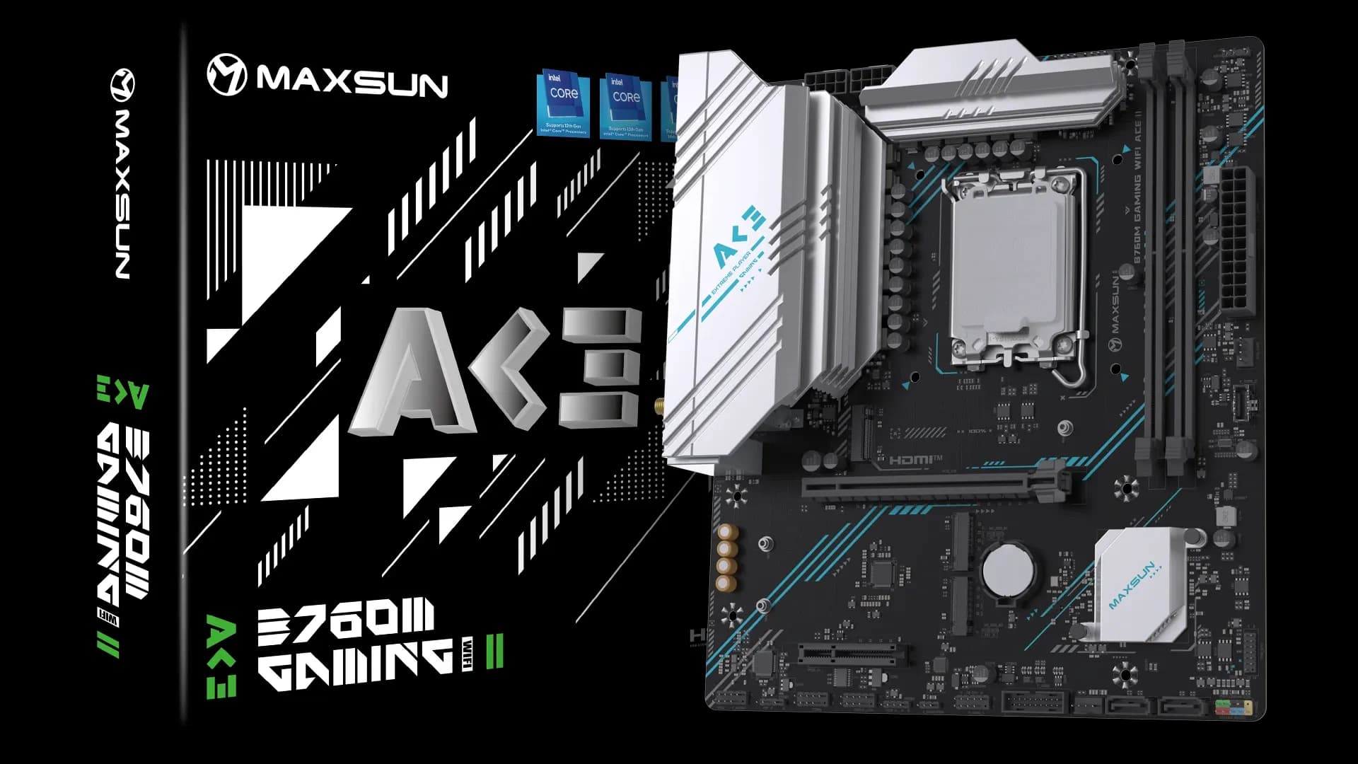 Матплата MAXSUN B760M GAMING WIFI ACE II, LGA1700, Intel B760, 2xDDR5 PC51200, 1xPCI-E 4.0x16, 15xPCI-E 1.0x1, Sound8Ch, GLAN, 4SATA+3M.2, RAID, mATX, 6USB3.2+8USB2.0, HDMI, DP, WiFi