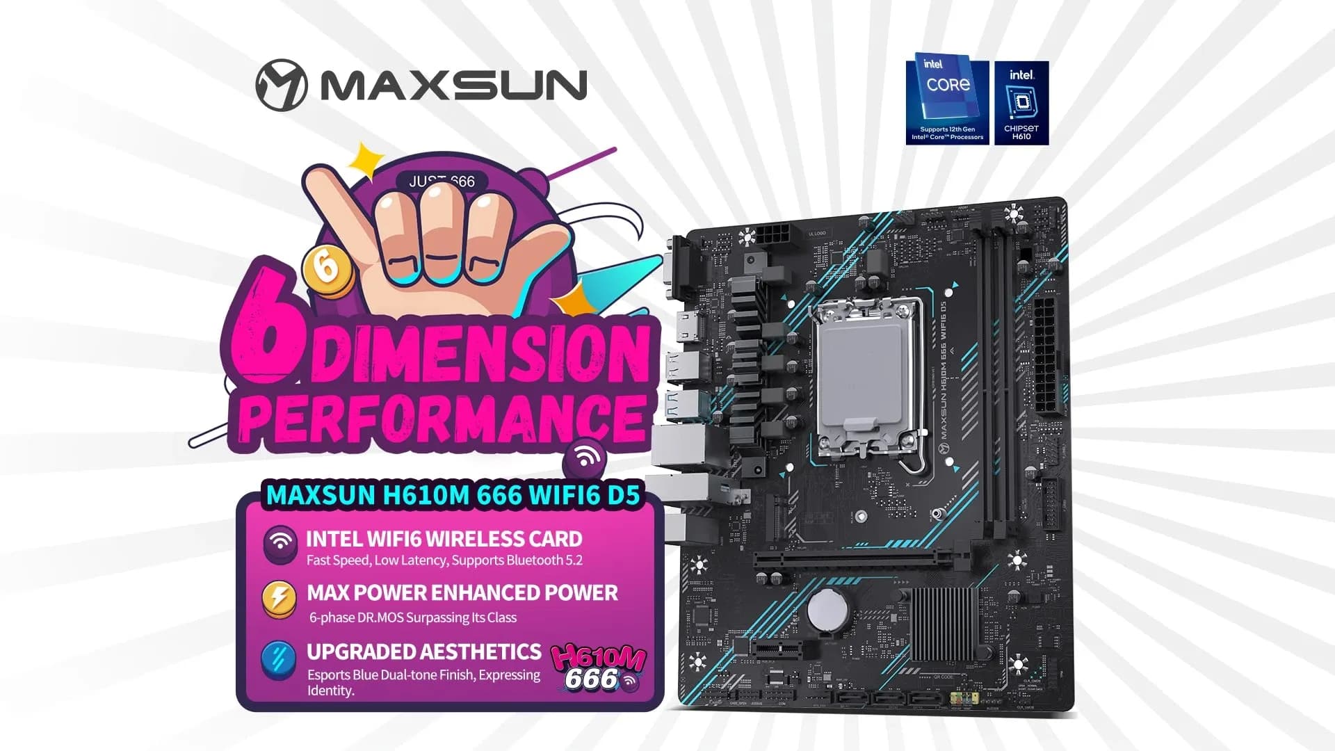 Матплата MAXSUN H610M 666 WIFI6 D5H, LGA1700, Intel H610, 2xDDR5 PC44800, 1xPCI-E16X, 1xPCI-E1x, Sound8Ch, GBLAN, 4SATA+M.2, mATX, 4USB3.2+6USB2.0, VGA, HDMI, WiFi
