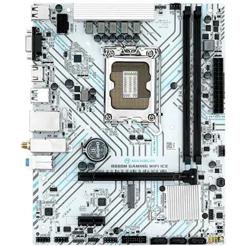 Матплата MAXSUN MS-B660M GAMING WIFI ICE, LGA1700, Intel B660, 2xDDR4 PC25600, 1xPCI-E 4.0x16, 1xPCI-E 3.0x1, Sound8Ch, GLAN, 3SATA+M.2, mATX, 4USB3.2+6USB2.0, VGA, HDMI