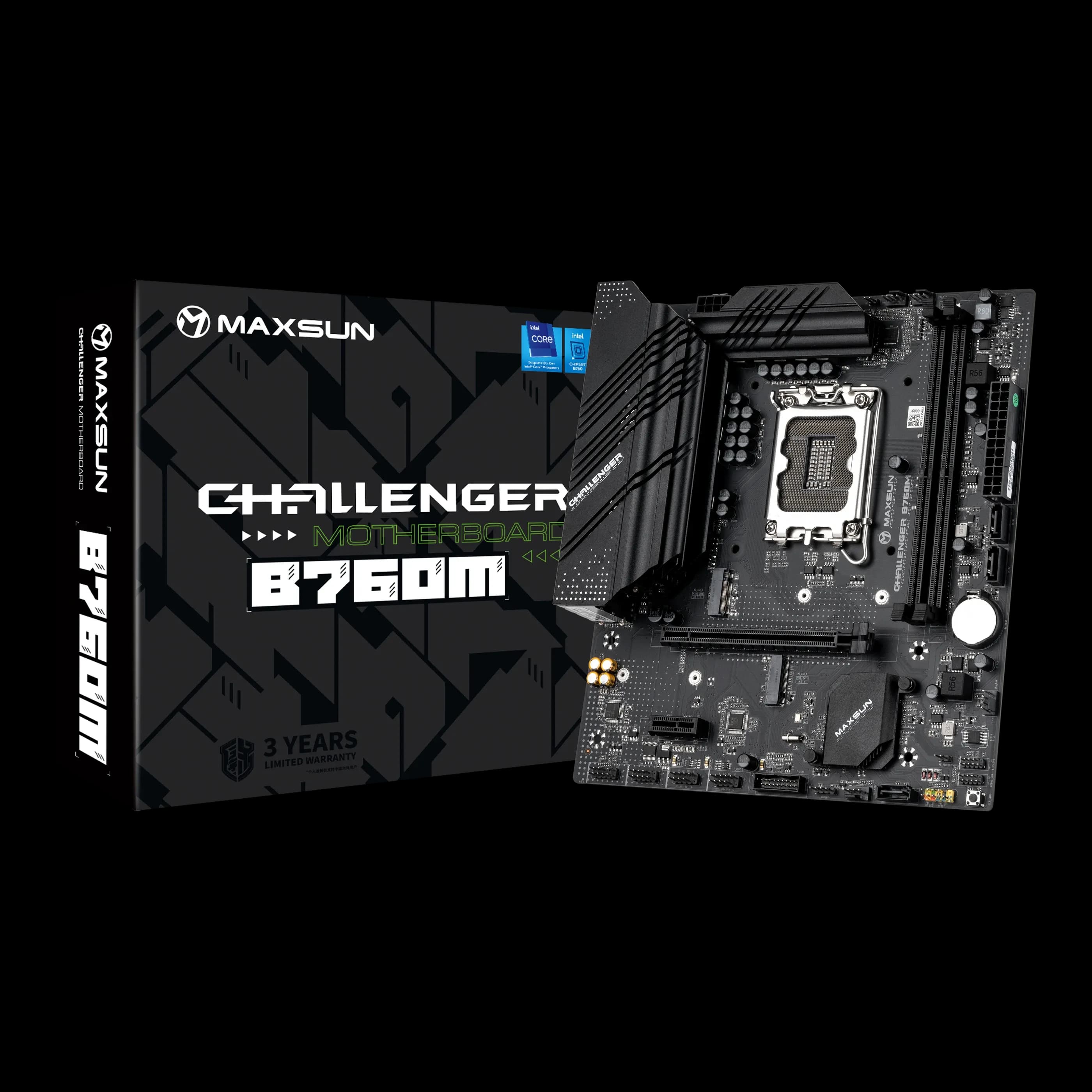 Матплата MAXSUN MS-Challenger B760M, LGA1700, Intel B760, 2xDDR4 PC34100, 1xPCI-E 4.0x16, 1xPCI-E 3.0x1, Sound8Ch, GLAN, 3SATA+2M.2, RAID, mATX, 6USB3.2+6USB2.0, VGA, HDMI