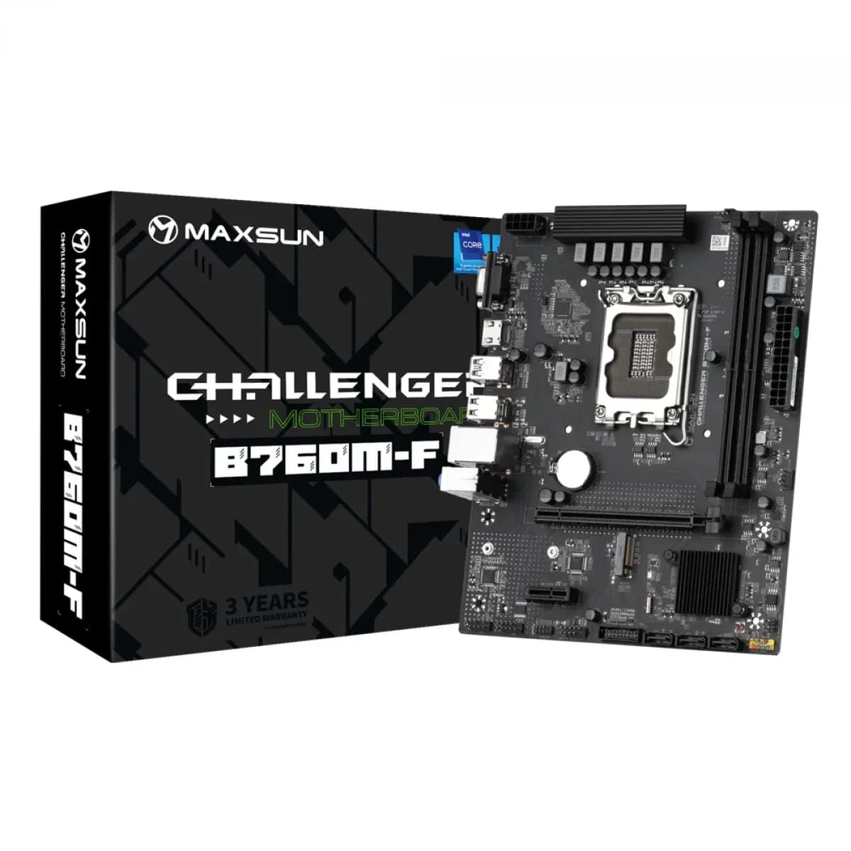 Матплата MAXSUN MS-Challenger B760M-F, LGA1700, Intel B760, 2xDDR4 PC34100, 1xPCI-E 4.0x16, 1xPCI-E 3.0x1, Sound8Ch, GLAN, 2SATA+2M.2, RAID, mATX, 4USB3.2+4USB2.0, VGA, HDMI