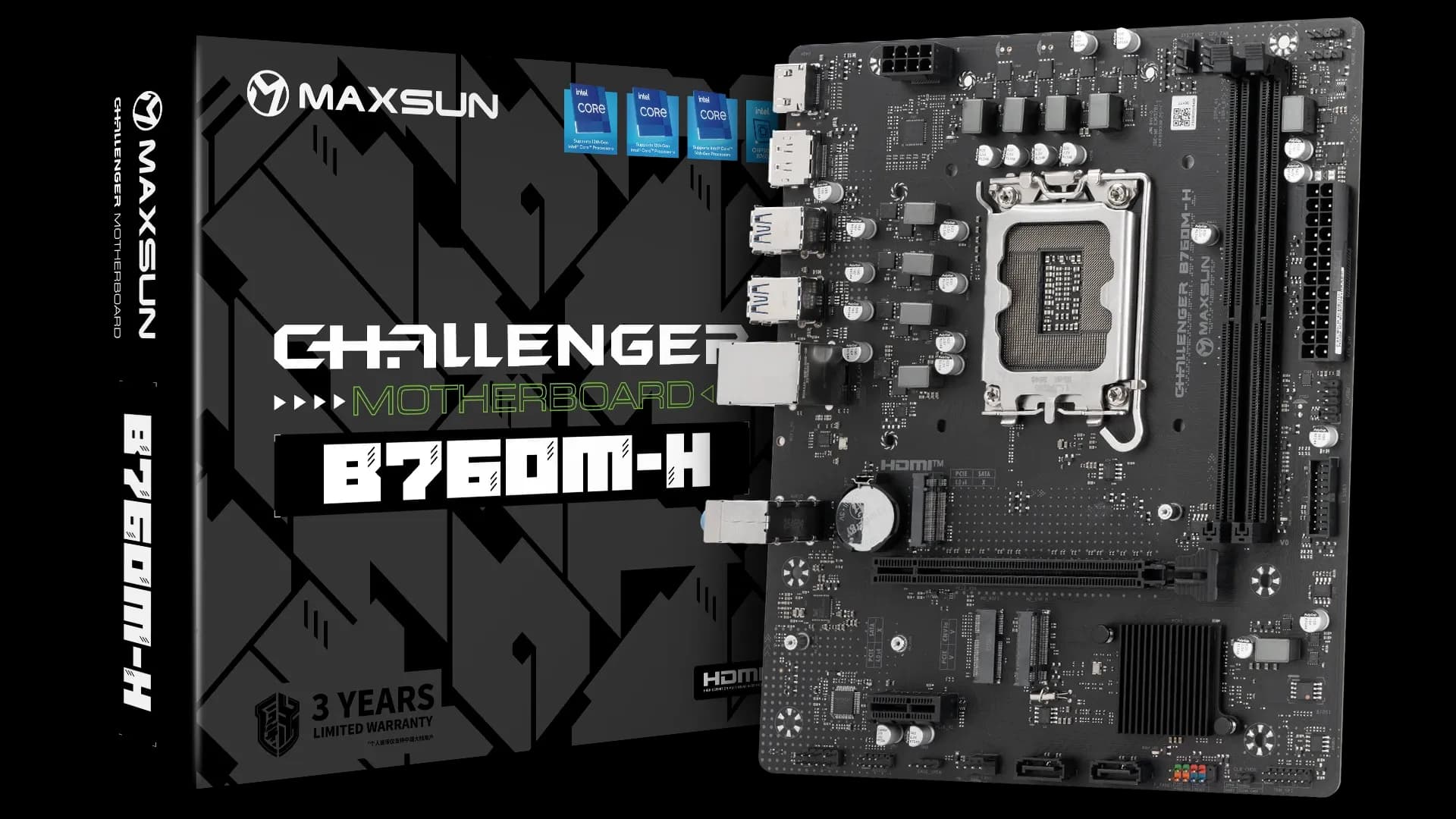 Матплата MAXSUN MS-Challenger B760M-H, LGA1700, Intel B760, 2xDDR4 PC34100, 1xPCI-E 4.0x16, 1xPCI-E 3.0x1, Sound8Ch, GLAN, 2SATA+2M.2, RAID, mATX, 6USB5G+4USB2.0, HDMI, DP