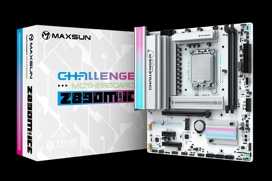 Матплата MAXSUN MS-Challenger Z890M WIFI ICE, LGA1851, Intel B890, 2xDDR5 PC57600(oc), 1xPCI-E 5.0x16, 1xPCI-E 4.0x4, 1xPCI-E 3.0x1, Sound8Ch, GLAN, 3SATA+2M.2, RAID, mATX, 1USB10G USB-C, 6USB5G+4USB2.0, HDMI, DP, WiFi