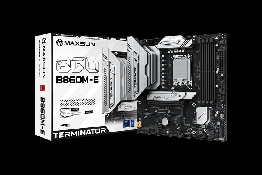 Матплата MAXSUN MS-Terminator B860M-E, LGA1851, Intel B860, 4xDDR5, 1xPCI-E 5.0x16, 1xPCI-E 4.0x4, Sound8Ch, GLAN, 4SATA+2M.2, mATX, 8USB3.2+4USB2.0, HDMI, DP
