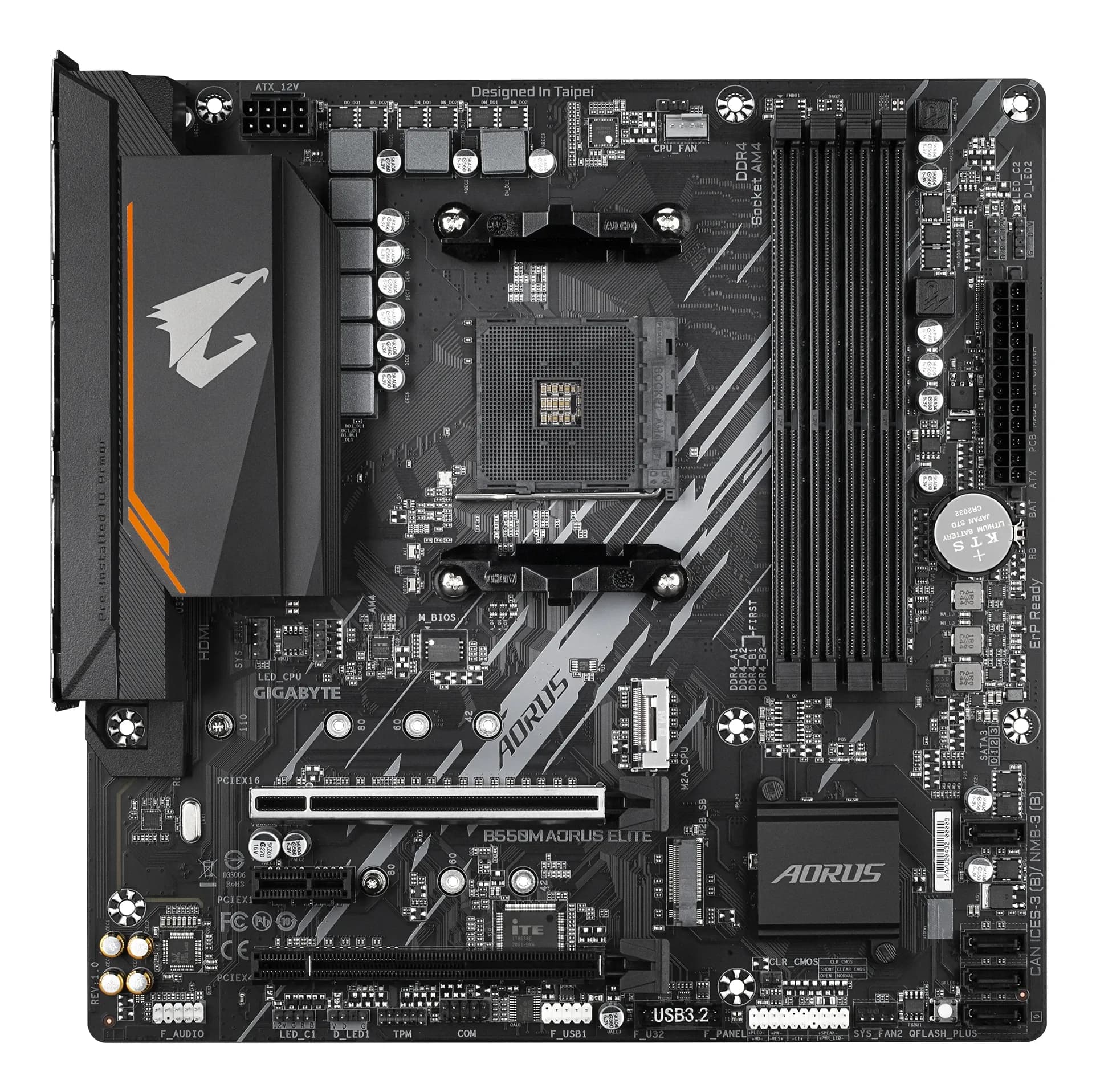 Материнская плата AM4 Gigabyte B550M AORUS ELITE, AMDB550, 4xDDR4 PC37800, 2xPCI-EX16, 1xPCI-EX1, 4xSATA+2M.2, RAID,GBLAN, Sound7.1, mATX, 6xUSB2.0, 6xUSB3.2, HDMI, DVI