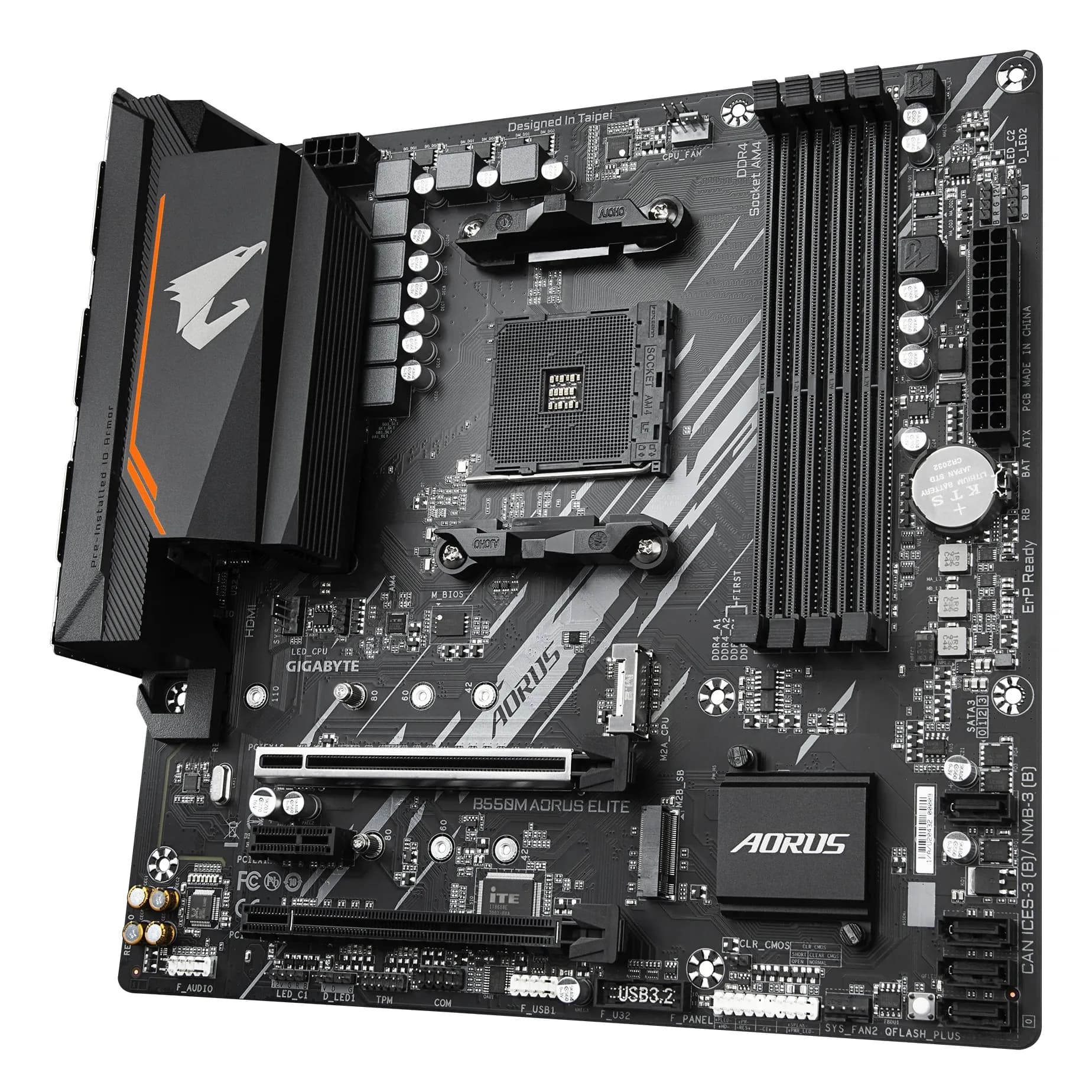 Материнская плата AM4 Gigabyte B550M AORUS ELITE, AMDB550, 4xDDR4 PC37800, 2xPCI-EX16, 1xPCI-EX1, 4xSATA+2M.2, RAID,GBLAN, Sound7.1, mATX, 6xUSB2.0, 6xUSB3.2, HDMI, DVI