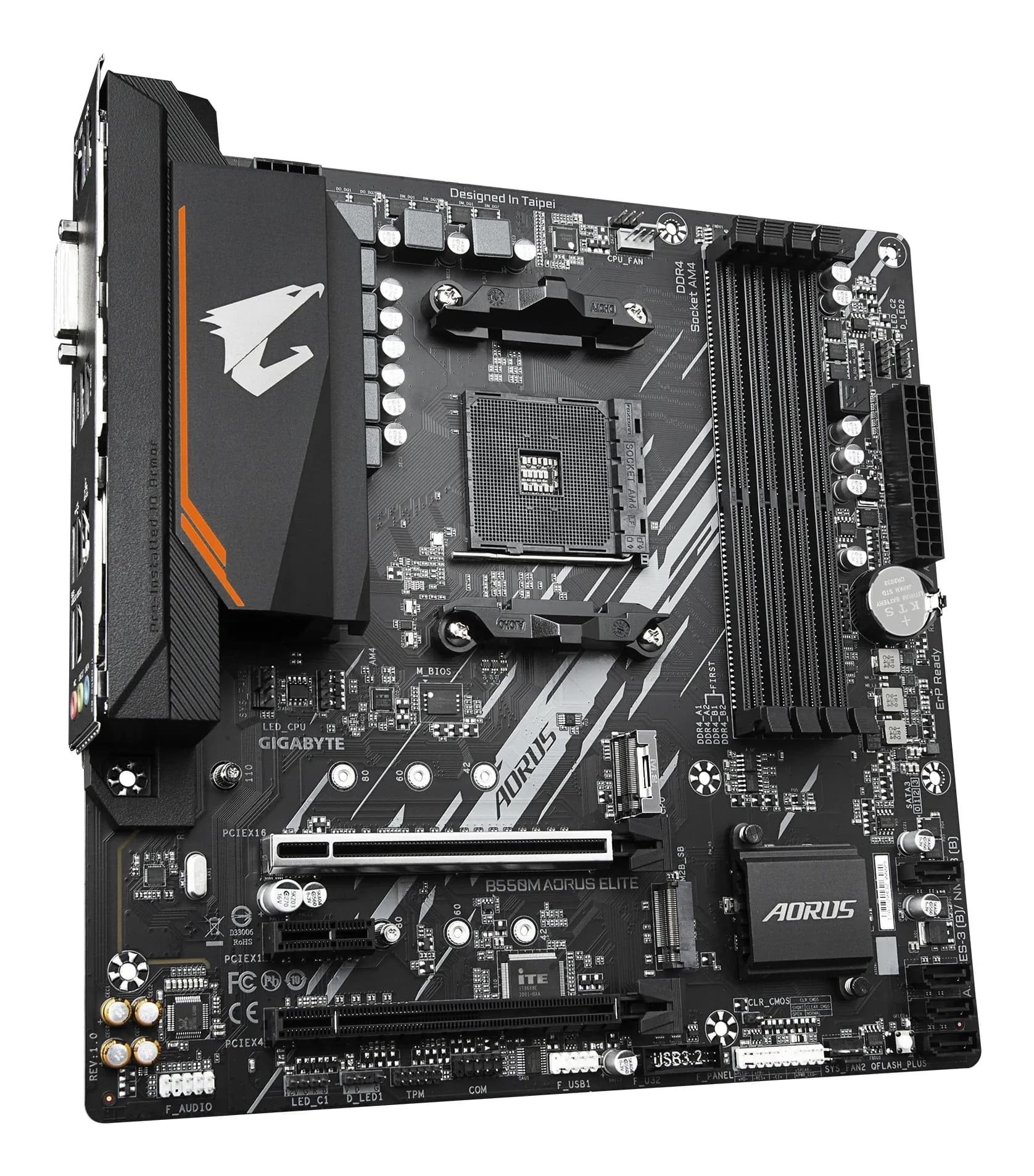 Материнская плата AM4 Gigabyte B550M AORUS ELITE, AMDB550, 4xDDR4 PC37800, 2xPCI-EX16, 1xPCI-EX1, 4xSATA+2M.2, RAID,GBLAN, Sound7.1, mATX, 6xUSB2.0, 6xUSB3.2, HDMI, DVI