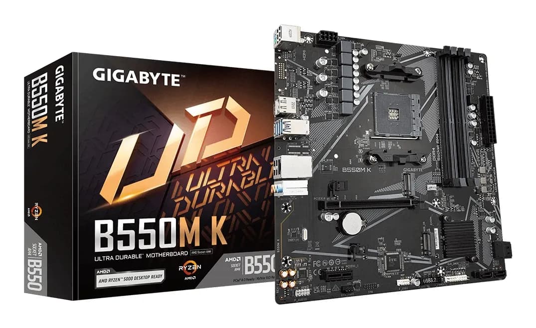 Материнская плата AM4 Gigabyte B550M K ,AMDB550, 4xDDR4 PC37800, 1xPCI-EX16, 1xPCI-EX1, 4xSATA+2M.2, RAID,GBLAN, Sound7.1, mATX, 6xUSB2.0, 6xUSB3.2, HDMI, DP