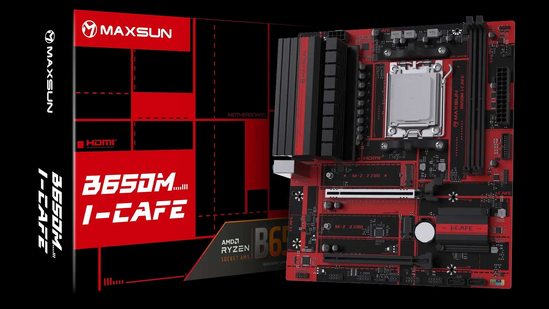 Материнская плата AM5 MAXSUN MS-B650M I-CAFE, AMD B650, 2xDDR5 PC64000, 2xPCI-EX16, 2xSATA+2M.2, GBLAN, Sound7.1, mATX, 6xUSB2.0, 6xUSB3.2, HDMI