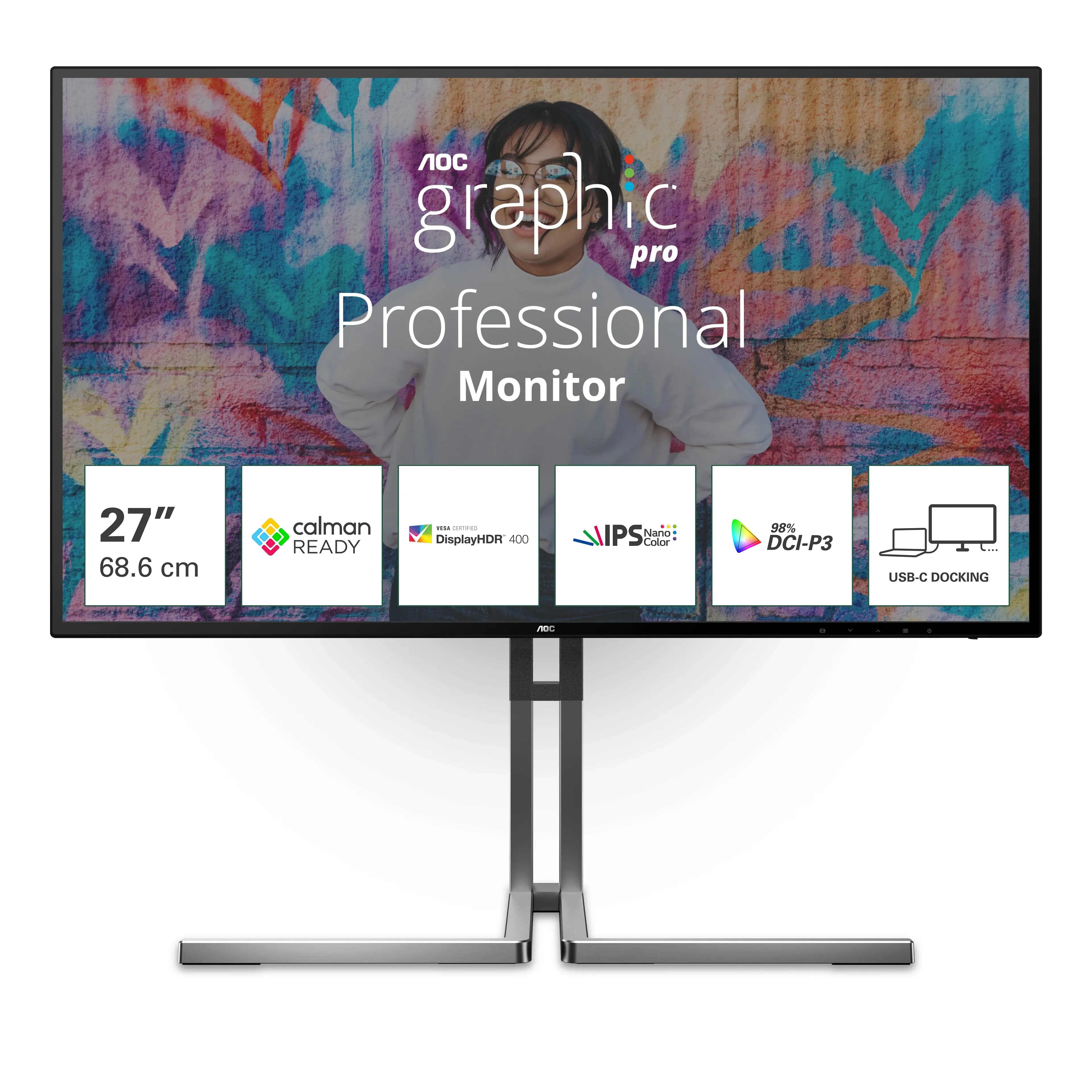 Монитор LCD 27" AOC U27U3CV, nano IPS, Black, 3840x2160, 50M:1, 350cd/m2, 178/178, 4ms, 60Hz, профессиональная цветопередача 100% sRGB, 98% DCI-P3, Flicker Free,, 2xHDMI, DP, 5xUSB3.2 (1xUSB Type-C 96W), RJ-45, Headphone out, Speakers 2x3W