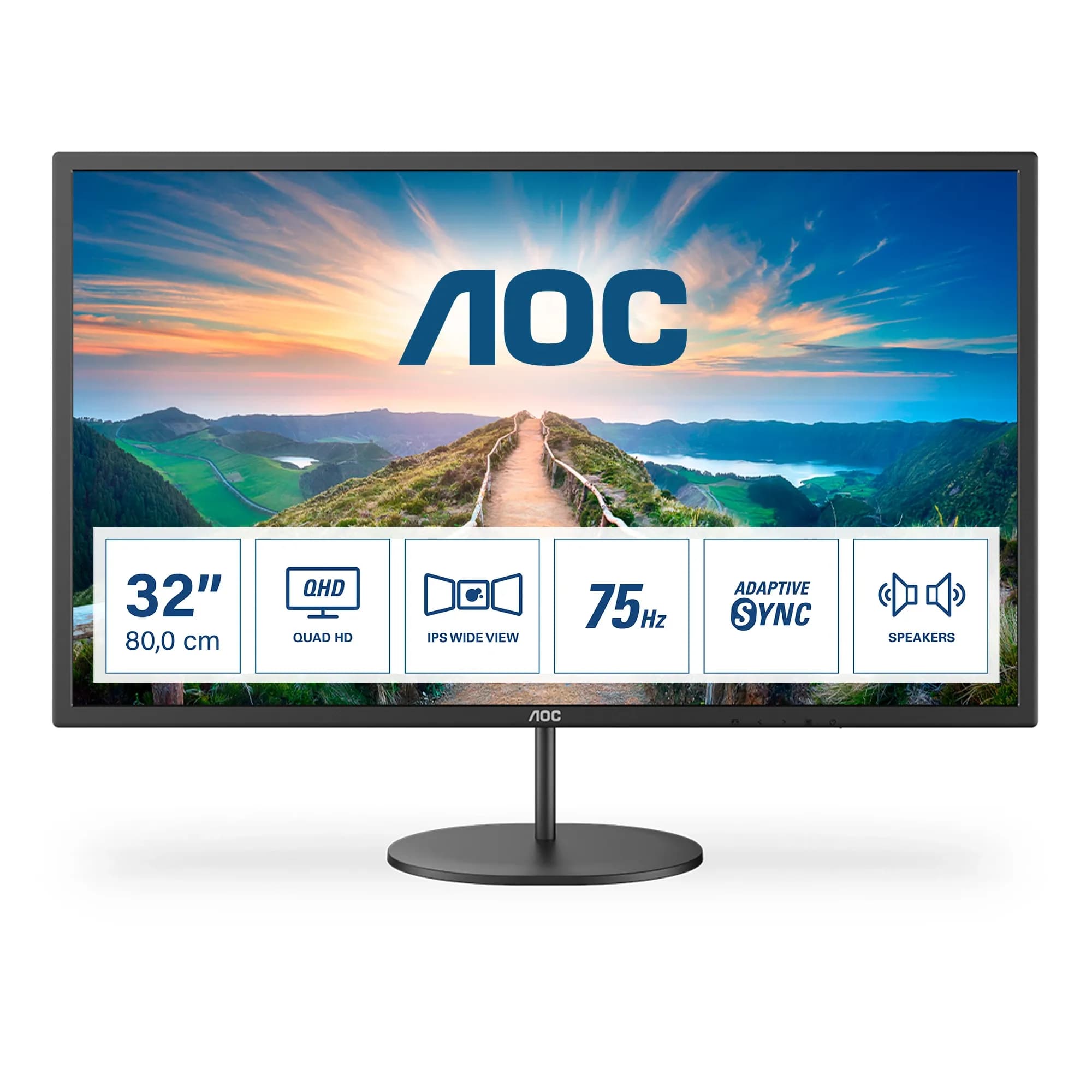 Монитор LCD 31.5" AOC Q32V4, IPS, Black, 2560x1440, 20M:1, 250cd/m2, 178/178, 4ms, 75Hz, HDMI, DP, Headphone out, Speakers 2x2W