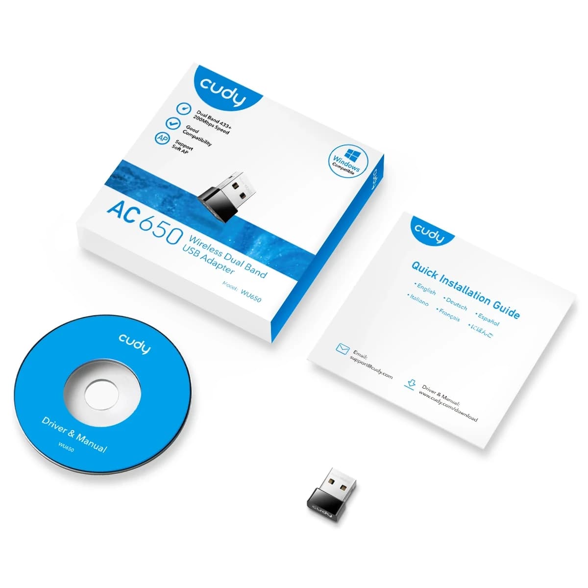 Беспроводной сетевой адаптер Wi-Fi CUDY WU650 650Mbps Wi-Fi USB Adapter, Mini Size, 433Mbps at 5GHz + 200Mbps at 2.4GHz, Nano Size, USB 2.0