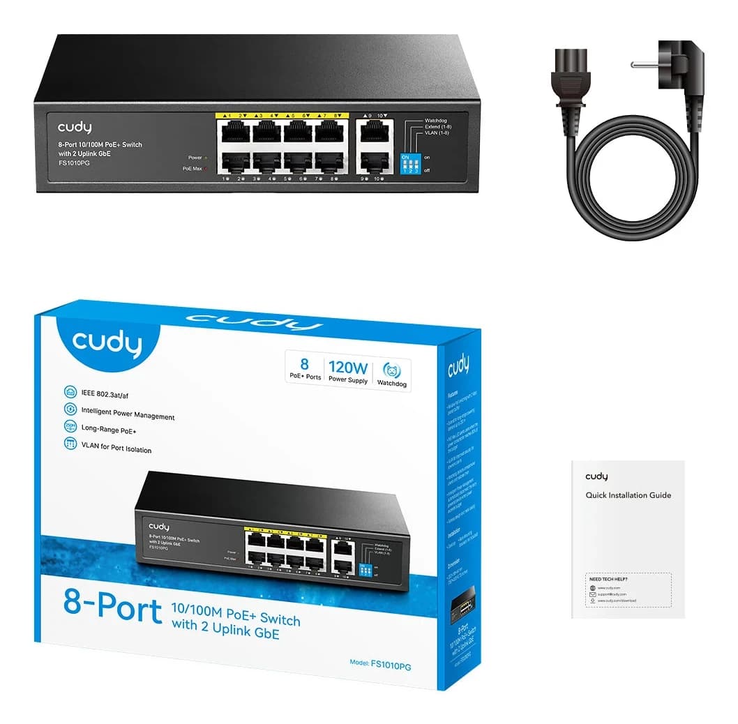 Сетевой коммутатор CUDY FS1010PG 8x10/100Mbps PoE,2x1000Mbpc,PoE budget до 115Вт; блок питания 120Вт; до 30Вт, VLAN/Default/Extend DIP Switch , 802.3i/u/ab/x/af/at