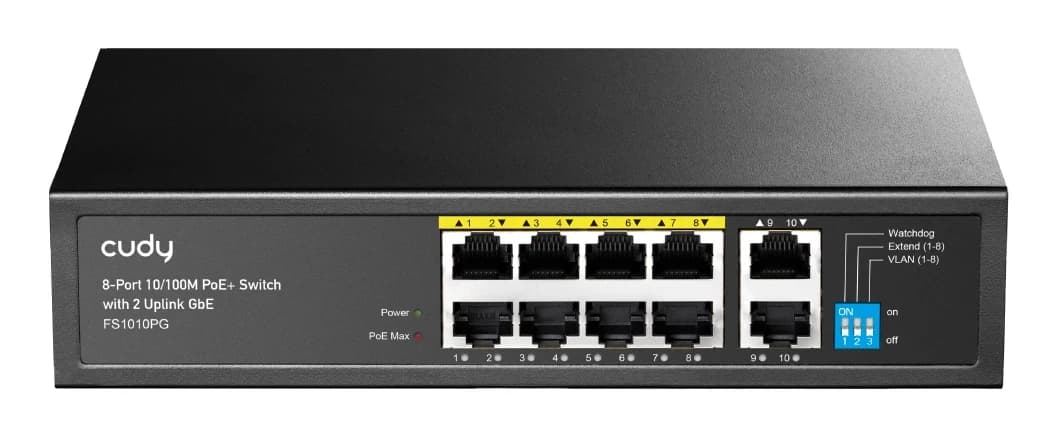 Сетевой коммутатор CUDY FS1010PG 8x10/100Mbps PoE,2x1000Mbpc,PoE budget до 115Вт; блок питания 120Вт; до 30Вт, VLAN/Default/Extend DIP Switch , 802.3i/u/ab/x/af/at
