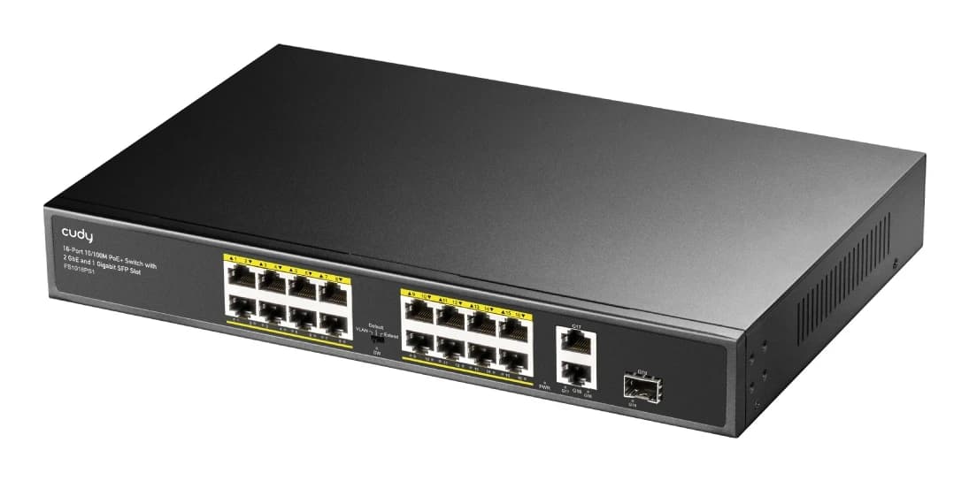 Сетевой коммутатор CUDY FS1018PS1 16x10/100Mbps PoE,2x1000Mbpc, 1.25G SFP Slots, PoE budget до 194Вт; блок питания 200Вт; до 30Вт, VLAN/Default/Extend DIP Switch , 802.3i/u/ab/z/x/af/at