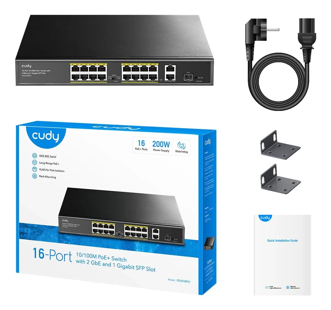 Сетевой коммутатор CUDY FS1018PS1 16x10/100Mbps PoE,2x1000Mbpc, 1.25G SFP Slots, PoE budget до 194Вт; блок питания 200Вт; до 30Вт, VLAN/Default/Extend DIP Switch , 802.3i/u/ab/z/x/af/at
